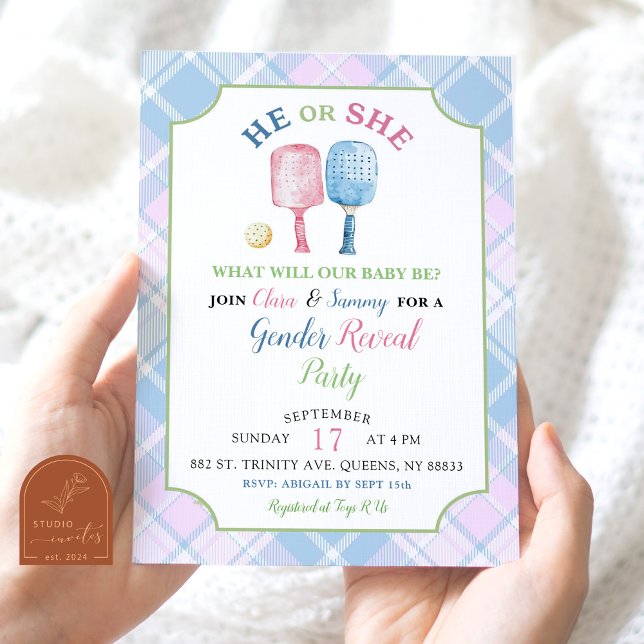 Invitación Revelación de género del Boho Blue Pink Preppy Pic (Subido por el creador)