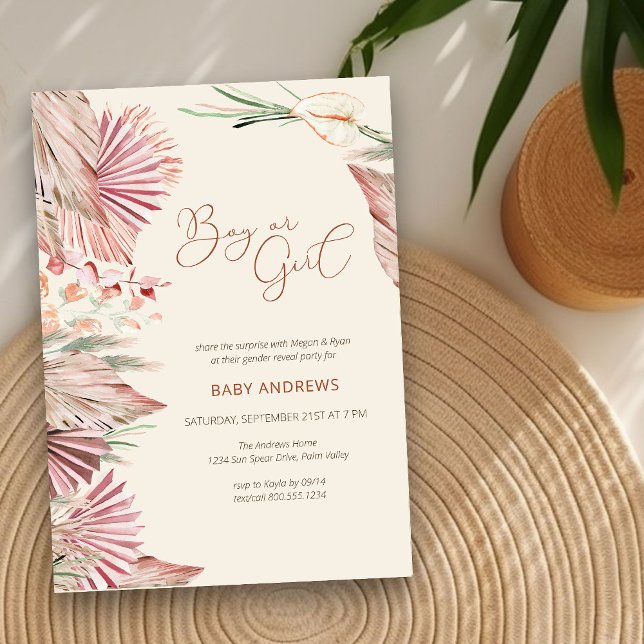 Invitación Revelación de género del follaje tropical seco de  (Neutral Gender Reveal Invitation with boho palm leaves)