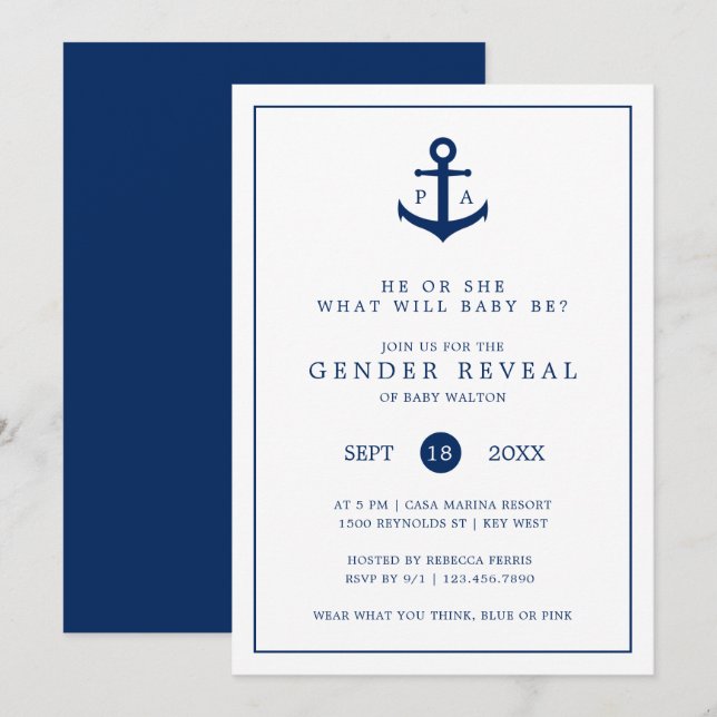 Invitación Revelación de género del monograma azul de la Mari (Anverso / Reverso)