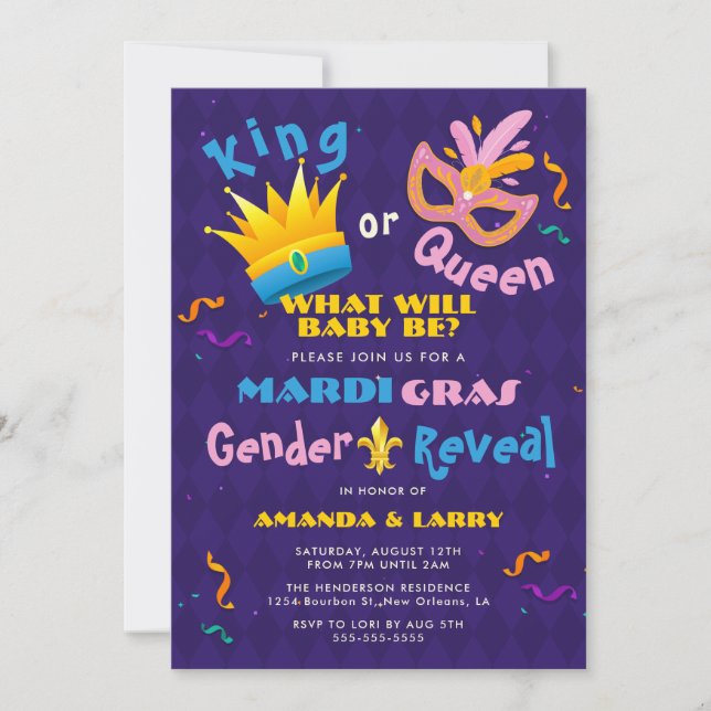 Invitación Revelación de género del Rey o la Reina Mardi Gras (Anverso)