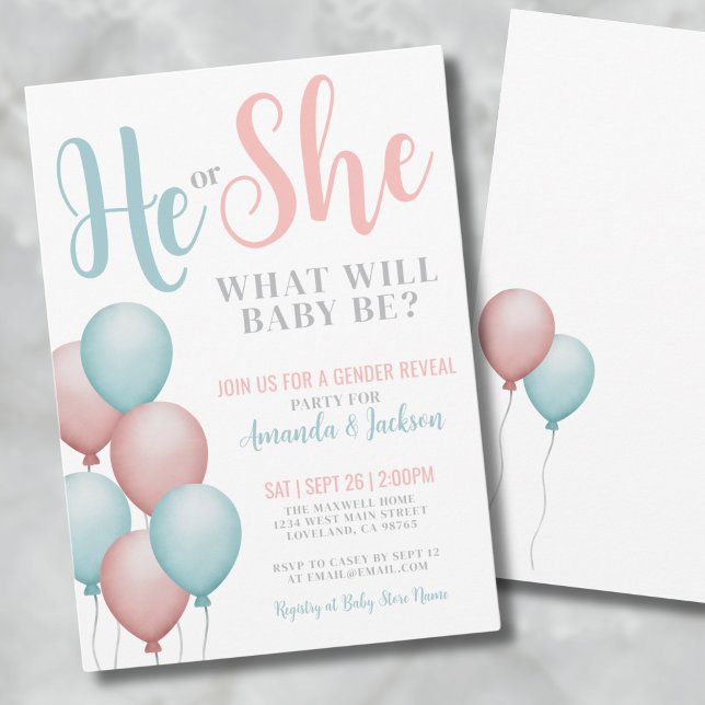 Invitación Revelación de género él ella azul y rosa (He She Gender Reveal Invitation)