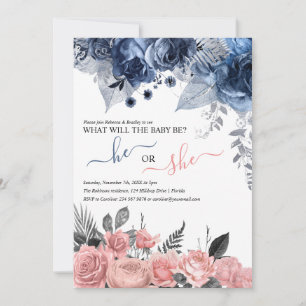 Invitación Revelación de Género Elegante   Floral Azul y Rosa