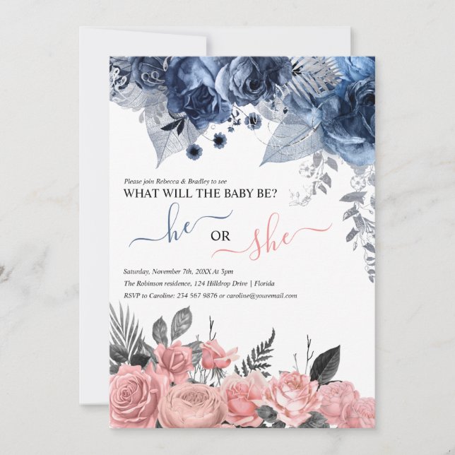 Invitación Revelación de género elegante | Floral Azul Y Rosa (Anverso)