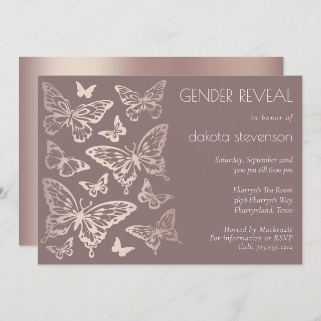 Invitación Revelación de género en Moda de mariposa | Oro Ros (Anverso / Reverso)