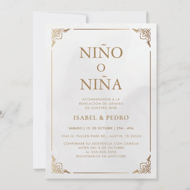 Invitación Revelación de género española de crema de oro de l (Anverso)