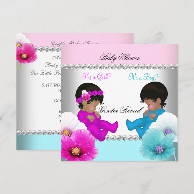 Invitación Revelación de género Fiesta de bebé Flores rosadas (Anverso / Reverso)
