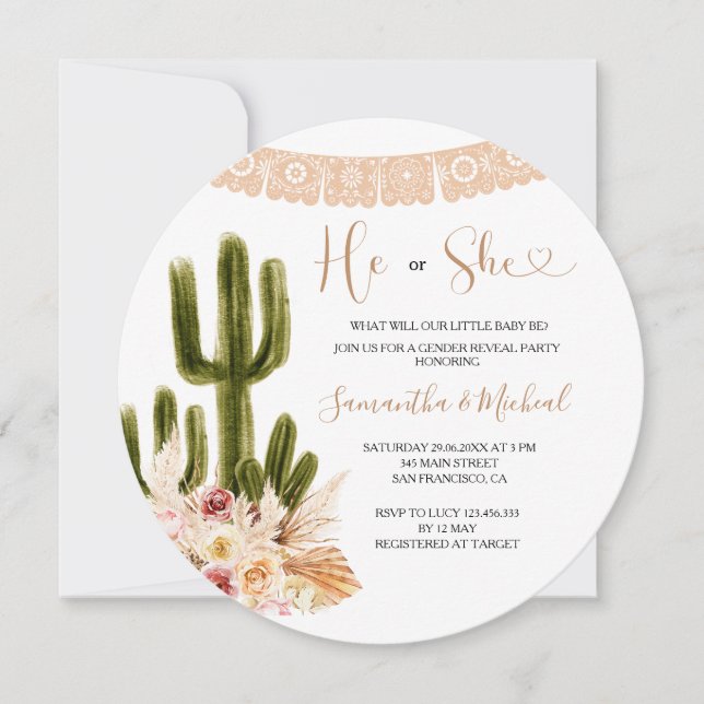 Invitación Revelación de género floral de cactus rústico (Anverso)