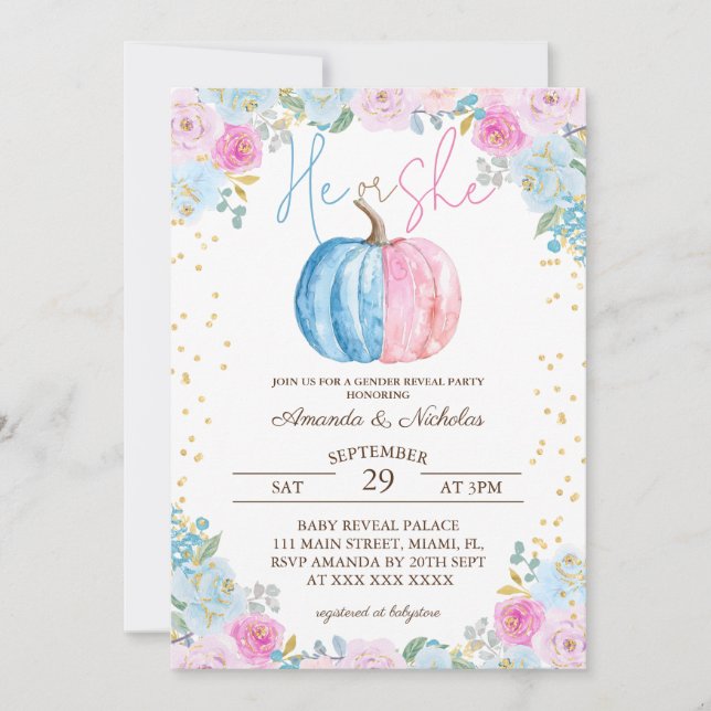 Invitación Revelación de género floral de calabaza (Anverso)