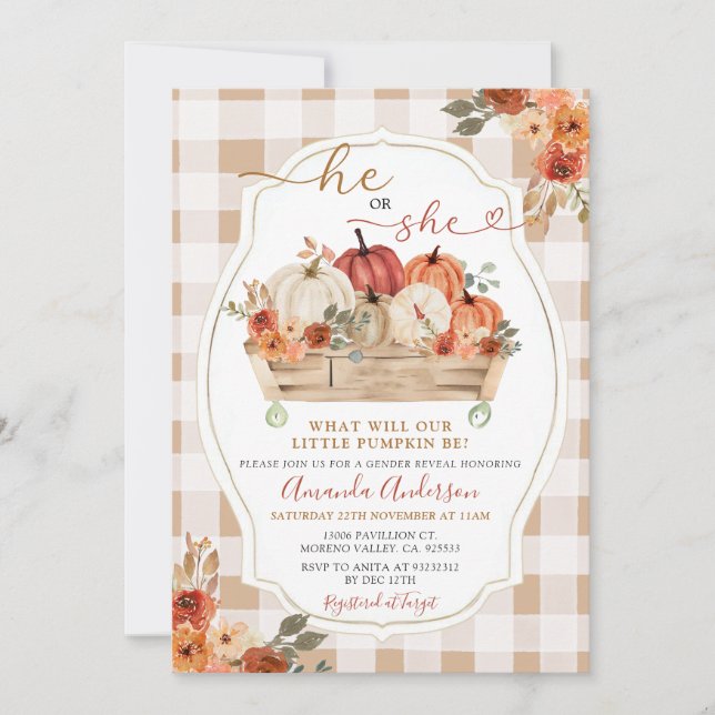 Invitación Revelación de género floral de parche de calabaza (Anverso)