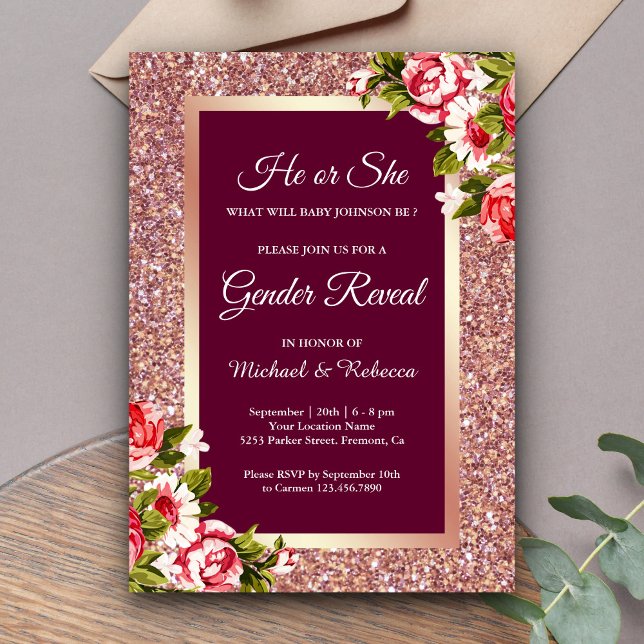 Invitación Revelación de género floral rosa de Purpurina de o (Subido por el creador)