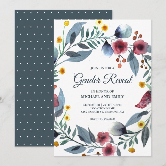 Invitación Revelación de género floral rosa y azul rústico (Anverso / Reverso)