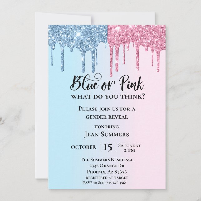 Invitación Revelación de género Glam brillo gotas rosa azul (Anverso)