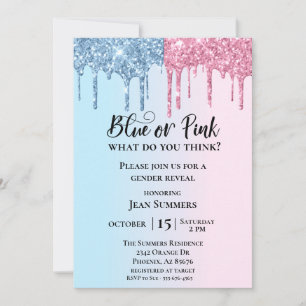Invitación Revelación de género Glam brillo gotas rosa azul