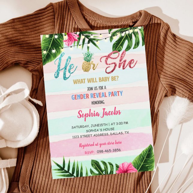 Invitación Revelación de género Gold Tropical Beach Luau (Subido por el creador)