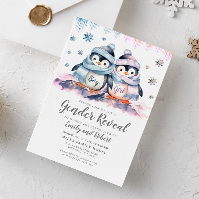 Invitación Revelación de género invernal, pingüino de Baby Sh (Subido por el creador)