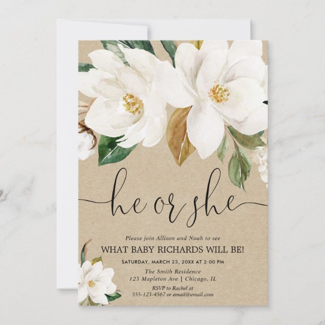 Invitación Revelación de género, kraft rústico blanco floral (Anverso)