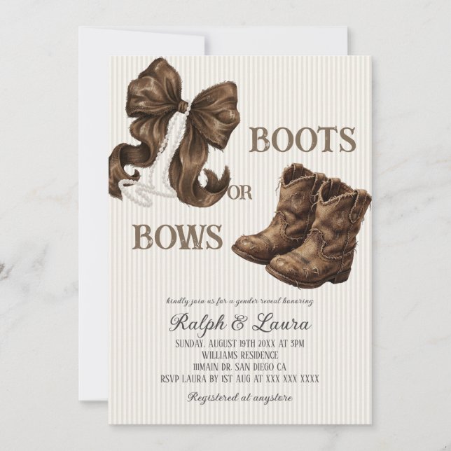 Invitación Revelación de género marrón neutral Botas o lazos (Anverso)