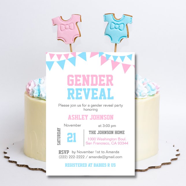 Invitación REVELACIÓN DE GÉNERO Moderno Baby Shower azul rosa (Subido por el creador)