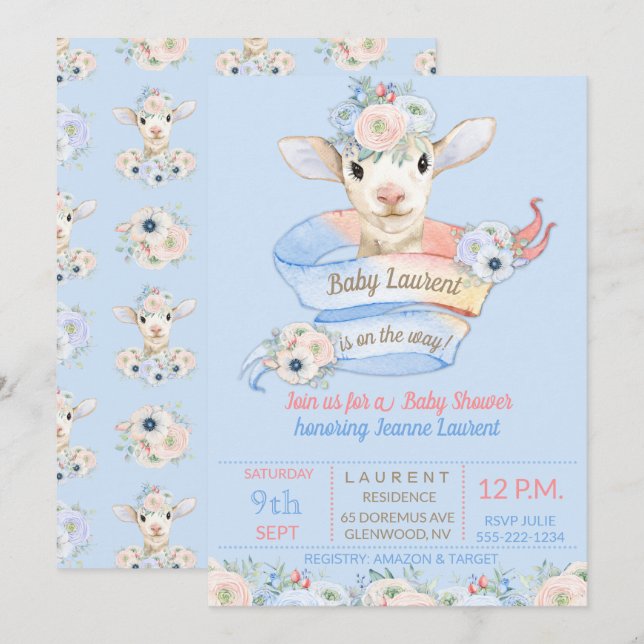 Invitación Revelación de género neutral rosa azul corderito b (Anverso / Reverso)