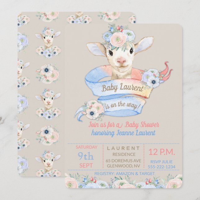 Invitación Revelación de género neutro rosa azul Corderito be (Anverso / Reverso)