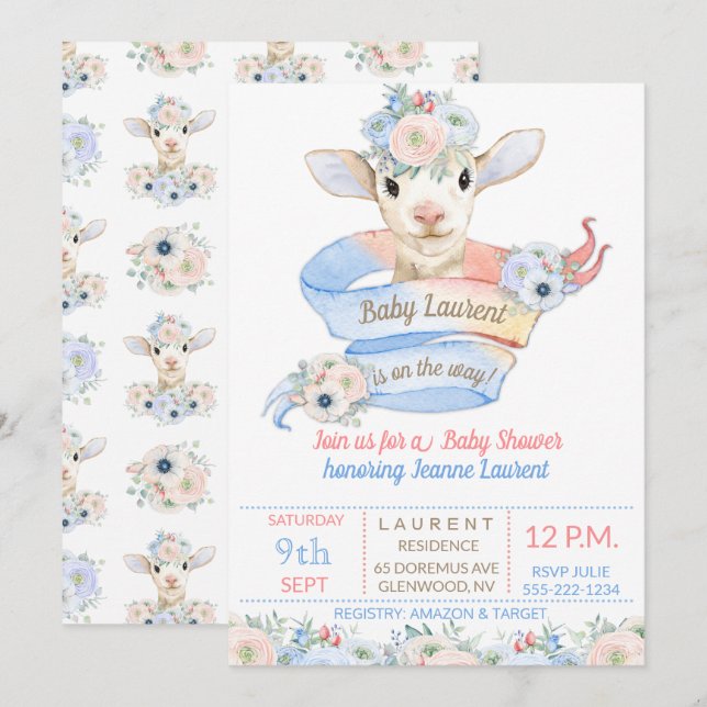 Invitación Revelación de género neutro rosa azul Corderito be (Anverso / Reverso)