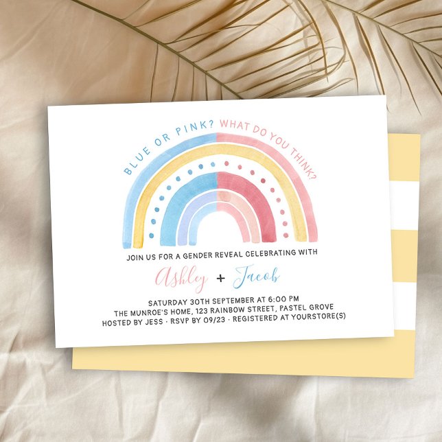 Invitación Revelación de género Pink Azul Amarillo Pastel Arc (Gender Reveal invitation with cute rainbow . blue or pink, what do you think?)