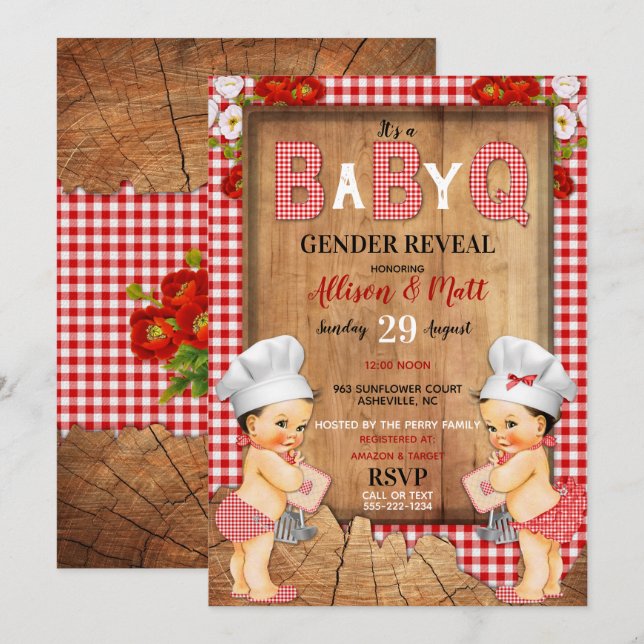 Invitación Revelación de género Red Gingham Wood Barbecue Q (Anverso / Reverso)