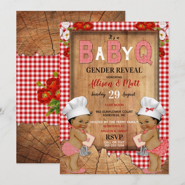 Invitación Revelación de género rojo a cuadros madera bebé Q  (Anverso / Reverso)