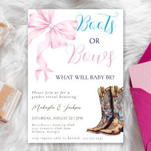 Invitación Revelación de género rosa azul de los boots o arco