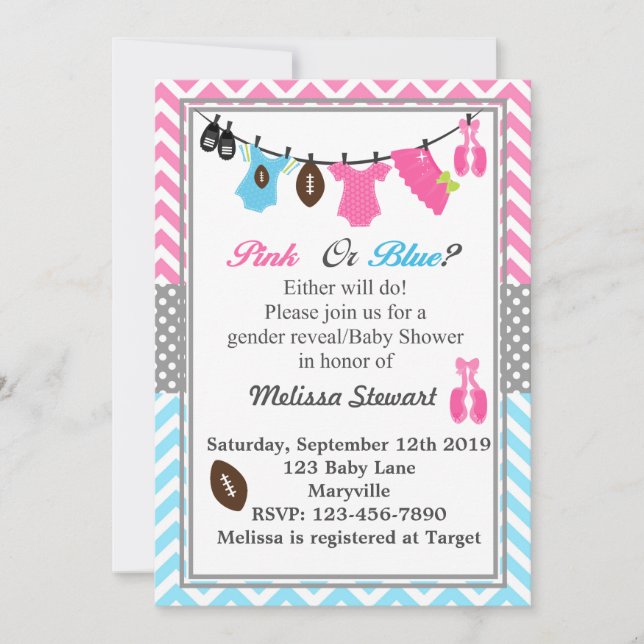 Invitación Revelación de género rosa o azul (Anverso)