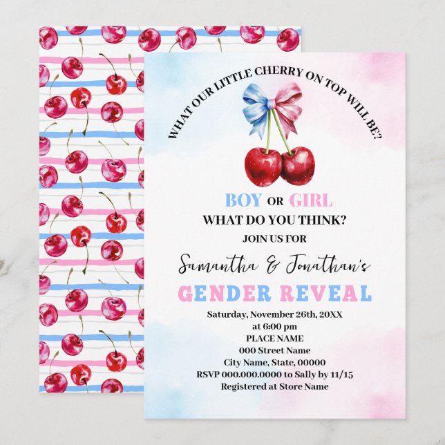 Invitación Revelación de género rosa o azul sobre cereza (Anverso / Reverso)