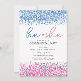 Invitación Revelación de género rosa y azul con brillo blanco