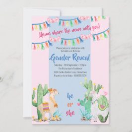 Invitación Revelación de género rosa y azul de Llama y Cactus