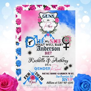 Invitación Revelación de género rosa y azul de pistolas o Ros