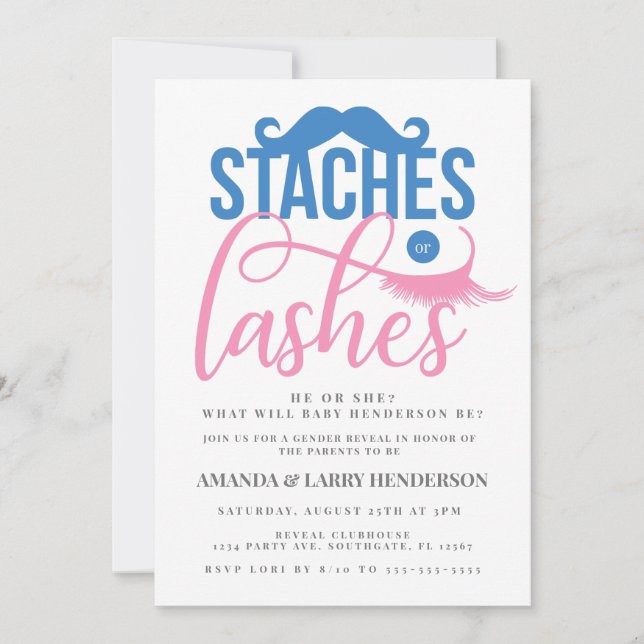 Invitación Revelación de género Staches o Lashes (Anverso)