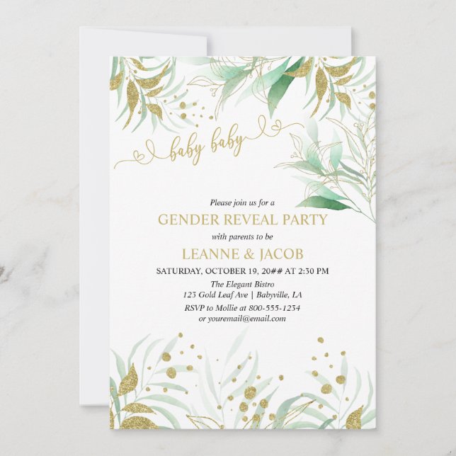 Invitación Revelación de género verde y oro elegante (Anverso)