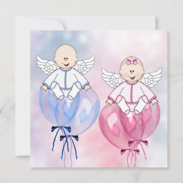 Invitación Revelación de globos de ángeles rosa y azul (Anverso)