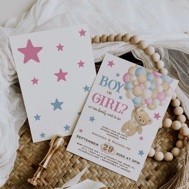 Invitación Revelación de globos de oso moderno o género Chica (Subido por el creador)