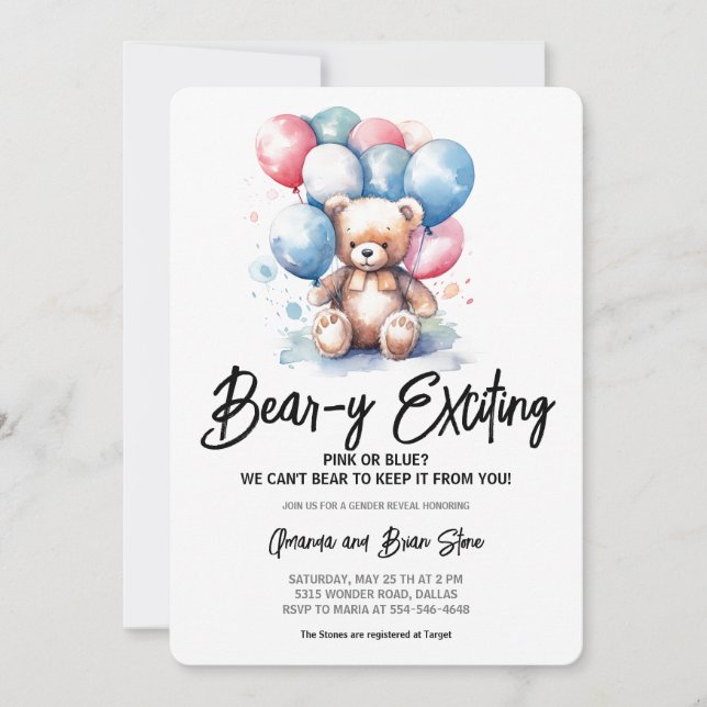 Invitación Revelación de los globos del oso beary (Anverso)