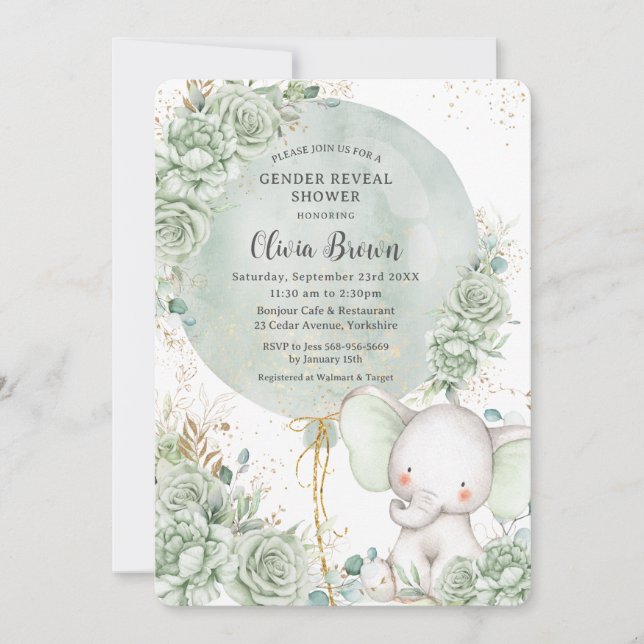 Invitación Revelación de Sage Green Floral Elephant Neutral d (Anverso)