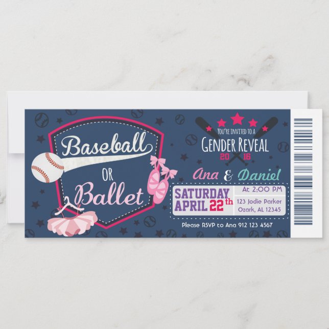Invitación Revelación de sexo de los bebés - Ballet o Basebal (Anverso)
