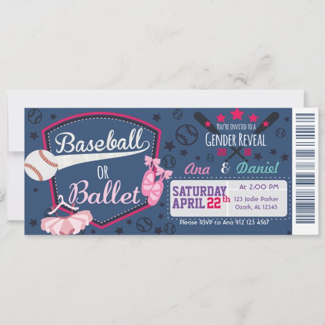 Invitación Revelación de sexo de los bebés - Ballet o Basebal (Anverso)