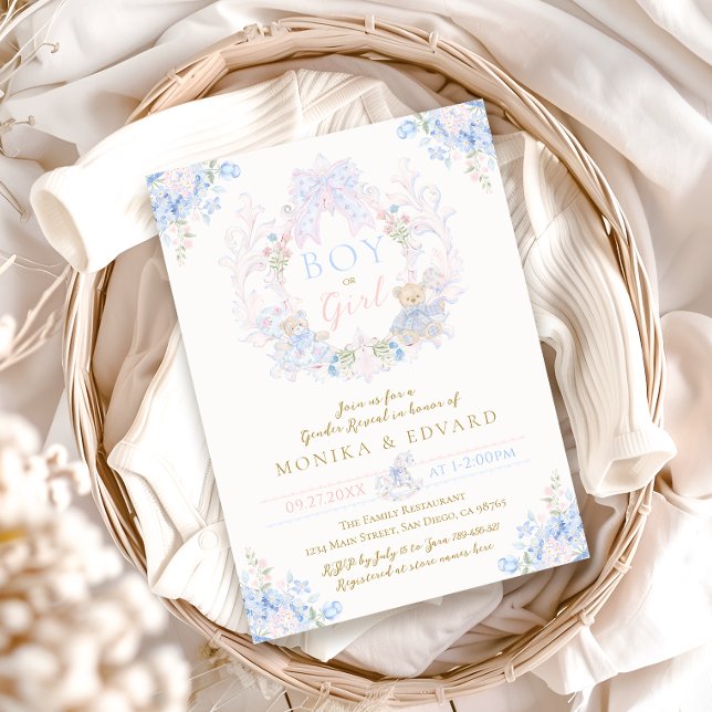 Invitación Revelación de sexo de niño floral o Chica de oso d (Subido por el creador)