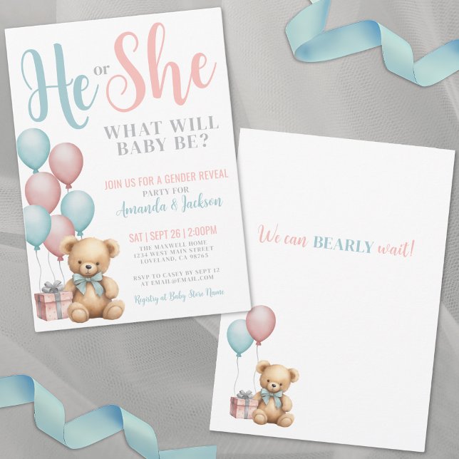 Invitación Revelación del género del osito de peluche (Teddy Bear Gender Reveal Invitation )