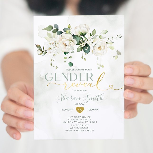 Invitación Revelación elegante de Floral blanca que revelan s (Subido por el creador)