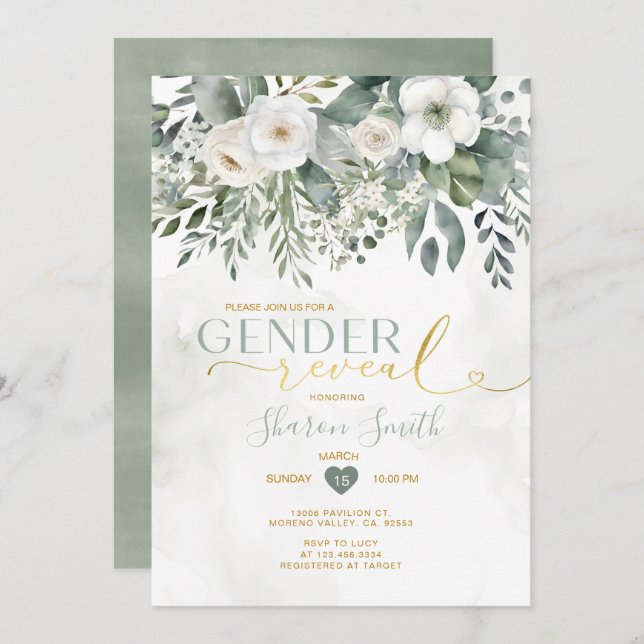 Invitación Revelación Elegante De Género De Floral Blanca Y E (Anverso / Reverso)