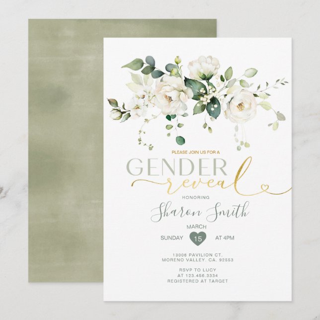 Invitación Revelación elegante de las flores blancas de sexo  (Anverso / Reverso)