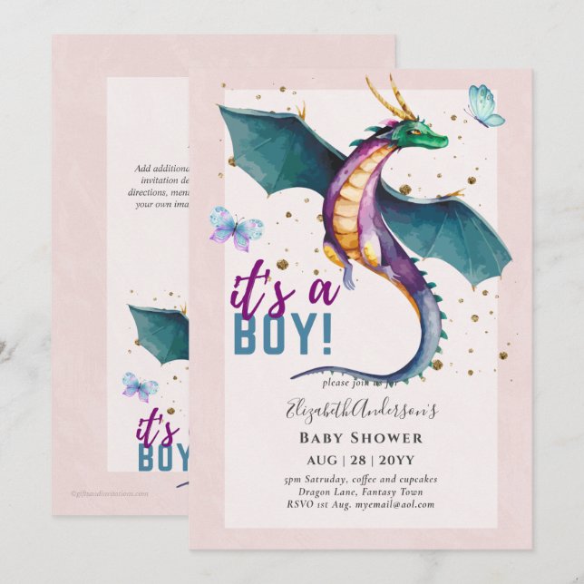 Invitación Revelación fantástica de DRAGON Temática Baby Boy  (Anverso / Reverso)
