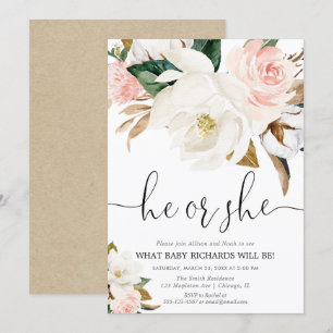 Invitación Revelación rústica de género floral, magnolia rosa