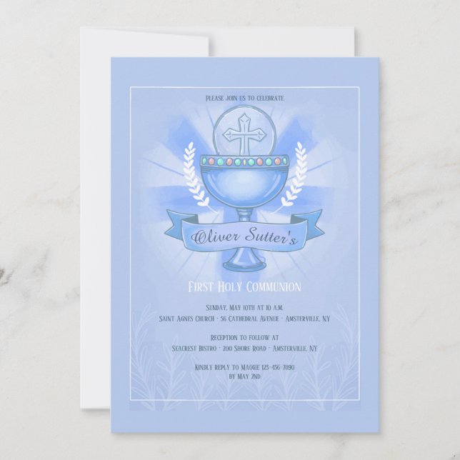 Invitación Revertido cáliz primer azul de comunión sagrada (Anverso)